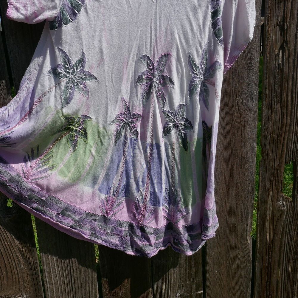 Sakkas Tunic Top One Size Boho Short Sleeve Palm Trees Crochet Trim Pink Blush - Picture 3 of 9